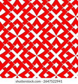 Padrão geométrico abstrato sem emenda com formas de interseção vermelhas e brancas formando um design repetitivo.