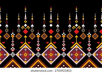 Padrão geométrico abstrato contínuo com cor vermelha, amarela e branca no plano de fundo preto, tecido tribal ameríndio, azulejo, tapete, vetor, design de ilustração	