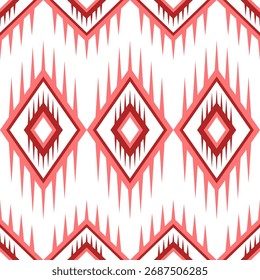 Seamless abstract geometric pattern with repeating diamond shapes and sharp triangular motifs in shades of red and white