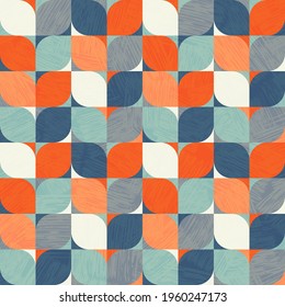 Seamless abstract geometric pattern. Retro bauhaus design of circles, squares and textures. Use for backgrounds, fabric design, wrapping paper, social media, and home decor
