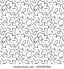 Patrón geométrico abstracto sin inconvenientes en el estilo retro Memphis. Líneas de curvas vectoriales dibujadas a mano con puntos y guiones. Garabatos caóticos de pincel de tinta. Doodles desordenados dibujados a mano, ornamento de líneas curvas delgadas.