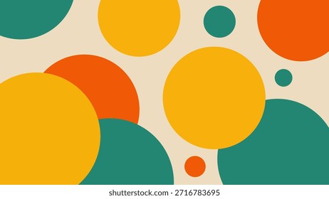 Patrón geométrico abstracto sin fisuras. Fondo moderno retro de mediados de siglo con círculos superpuestos de amarillo, naranja y verde azulado. Estampado de Vector de lunares. Fondo de pantalla minimalista de estilo pop art de los años 60.
