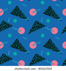 Seamless abstract geometric pattern in retro Memphis style, fashion 80s. It can be used in printing, website backdrop and fabric design.