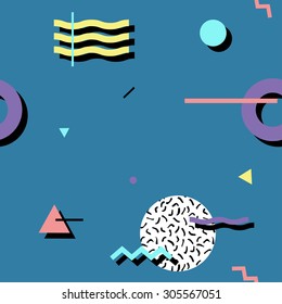 Seamless abstract geometric pattern in retro Memphis style, fashion 80s. It can be used in printing, website backdrop and fabric design.