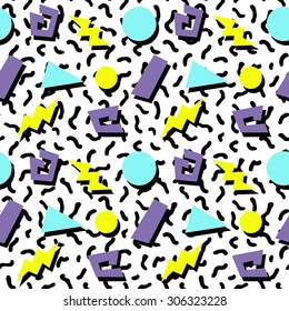 Seamless abstract geometric pattern in retro memphis style, fashion 80-90s. It can be used in printing, website backdrop and fabric design.