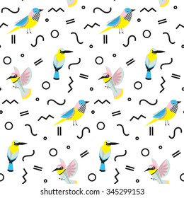 Seamless abstract geometric pattern in retro memphis style with birds