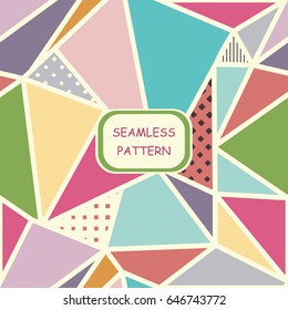 Seamless abstract geometric pattern in retro colors. Invitation or greeting card with colorful triangles. Vector illustration