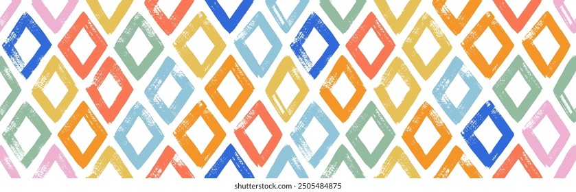 Seamless abstract geometric pattern with rhombus. Brush drawn bold basic geometric shapes. Mosaic ethnic folk ornament. Grunge seamless banner background in kid's colored style with rhombuses.