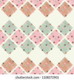 Seamless abstract geometric pattern. Rhombuses with circles. Netting. Brushwork. Hand hatching. Scribble texture. Textile rapport.