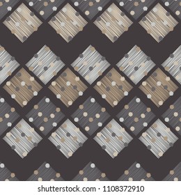 Seamless abstract geometric pattern. Rhombuses with circles. Netting. Brushwork. Hand hatching. Scribble texture. Textile rapport.