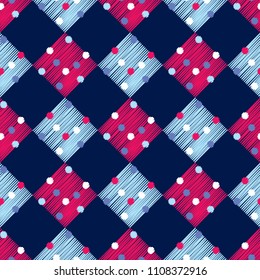 Seamless abstract geometric pattern. Rhombuses with circles. Netting. Brushwork. Hand hatching. Scribble texture. Textile rapport.