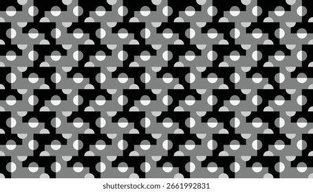 Padrão geométrico abstrato sem emenda com semicírculos e retângulos em preto e branco em um fundo cinza