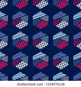 Seamless abstract geometric pattern. The shapes of hexagons. Texture stripes, checks, dots. Textile rapport.