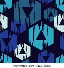 Seamless abstract geometric pattern. The shapes of hexagons. Mosaic texture. Brushwork. Hand hatching. Scribble texture. Textile rapport.
