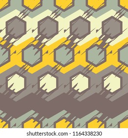 Seamless abstract geometric pattern. The shapes of hexagons. Mosaic texture. Brushwork. Hand hatching. Scribble texture. Textile rapport.