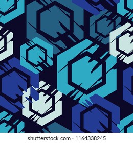 Seamless abstract geometric pattern. The shapes of hexagons. Mosaic texture. Brushwork. Hand hatching. Scribble texture. Textile rapport.