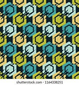 Seamless abstract geometric pattern. The shapes of hexagons. Mosaic texture. Brushwork. Hand hatching. Scribble texture. Textile rapport.