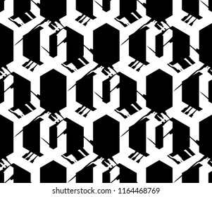 Seamless abstract geometric pattern. The shapes of hexagons. Mosaic texture. Brushwork. Hand hatching. Scribble texture. Textile rapport.