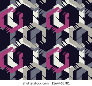 Seamless abstract geometric pattern. The shapes of hexagons. Mosaic texture. Brushwork. Hand hatching. Scribble texture. Textile rapport.
