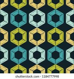 Seamless abstract geometric pattern. Shapes of hexagons. Mosaic texture. Brushwork. Hand hatching. Can be used for ceramic tile, wallpaper, linoleum, textile, invitation card, wrapping, web page backg