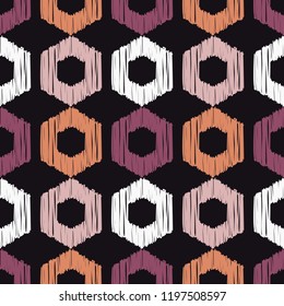 Seamless abstract geometric pattern. Shapes of hexagons. Mosaic texture. Brushwork. Hand hatching. Can be used for wallpaper, textile, invitation card, wrapping, web page background.