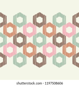 Seamless abstract geometric pattern. Shapes of hexagons. Mosaic texture. Brushwork. Hand hatching. Can be used for wallpaper, textile, invitation card, wrapping, web page background.