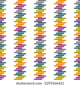 Seamless abstract geometric pattern. Simple background on green, white, yellow, violet, orange. Vector. Lines, polygons. Designed for textile fabrics, wrapping paper, background, wallpaper, cover.