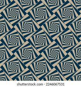 Seamless abstract geometric pattern with spiral blue squares. Far east inspired style. Vintage look. Ornamental vector for textile, wrapping, packaging, web, and print.