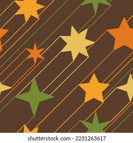 Patrón geométrico abstracto sin inconvenientes con estrellas y líneas en estilo retro de los años 70. Fondo vector dibujado a mano.