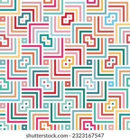 Seamless abstract geometric pattern with striped multicolored squares on a white background. Red, green, yellow, and pink summer tropical colors. Vintage design. Vector illustration.
