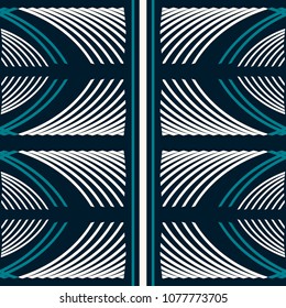 Seamless abstract geometric pattern. Stripes and curves. Blue and white colors
