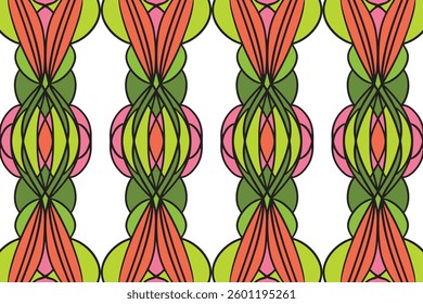 Seamless Abstract Geometric Pattern with Symmetrical Organic Shapes and Vibrant Colors