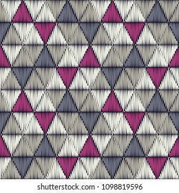 Seamless abstract geometric pattern. The texture of the triangles. Embroidery on fabric. Brushwork. Hand hatching. Scribble texture. Textile rapport.