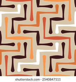 Seamless abstract geometric pattern with thin and short multicolored strokes and lines on a beige background. Elegant and trendy design in a contemporary style. Vector illustration.