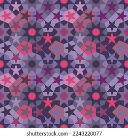 Seamless abstract geometric pattern in a traditional islamic stars motif.  Retro style in shades of purple, violet, pink, and red. Graphic textile texture. Vector decorative image.