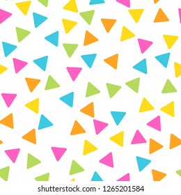 Seamless abstract geometric pattern of triangles in random order. Funny, happy and children theme. Simple flat vector illustration.