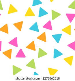 Seamless abstract geometric pattern of triangles in random order. Funny, happy and children theme. Simple flat vector illustration.