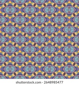 Seamless abstract geometric pattern with a tribal and ethnic-inspired design. Vibrant purple, blue, yellow, and red tones form a kaleidoscopic diamond arrangement, ideal for textile prints, wallpapers