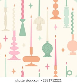 Seamless abstract geometric pattern with various glass candlesticks and long candles. Mid century modern wrapping paper texture. Hand drawn vector background.