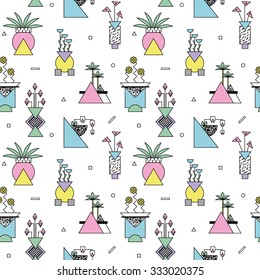 Seamless abstract geometric pattern with vases and plants in bright memphis style 2