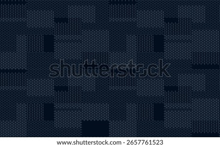 Seamless abstract geometric pattern with vertical and horizontal stitch stamp in gray n blue on dark blue background. Vector illustration, for masculine shirt dress cloth cover decoration all over art