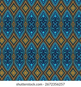 Seamless abstract geometric pattern with vibrant blue, teal, and orange diamond shapes. Perfect for backgrounds, textiles, or digital art projects.