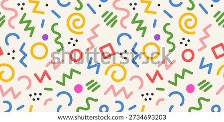 Seamless abstract geometric pattern with vibrant retro doodle Memphis design