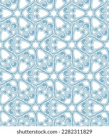 Seamless abstract geometric pattern with wavy blue lines and swirls on a white background. Art nouveau retro style. Ornamental graphic grid. Vector illustration for textile, wrapping, print,  and web.