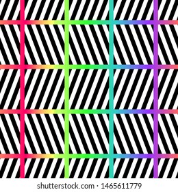 Seamless abstract geometric pattern white and black stripes on bright rainbow gradient background.