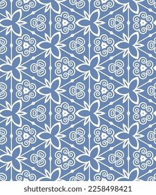 Seamless abstract geometric pattern with white swirls on a blue background. Vector art.