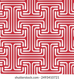 Seamless abstract geometric pattern with white interlocking striped elements on a red background. Modern sayagata design. Ethnic style maze. Vector art illustration.