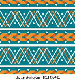Seamless abstract geometric pattern of wide stripes with serpentine, zigzag and dots in retro color palette