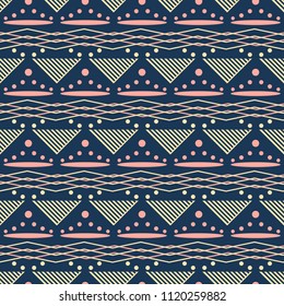 Seamless abstract geometric pattern. Wide horizontal stripes of lined triangles, zigzag and round shapes
