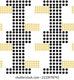 Nahtlose abstrakte geometrische Muster. Gelb, schwarz, weiß. Punkte, Kreise, Ringe. Vektorgrafik. Concept Texture. Design für Textilien, Wickelpapier, Hintergrund, Tapete, Abdeckung.